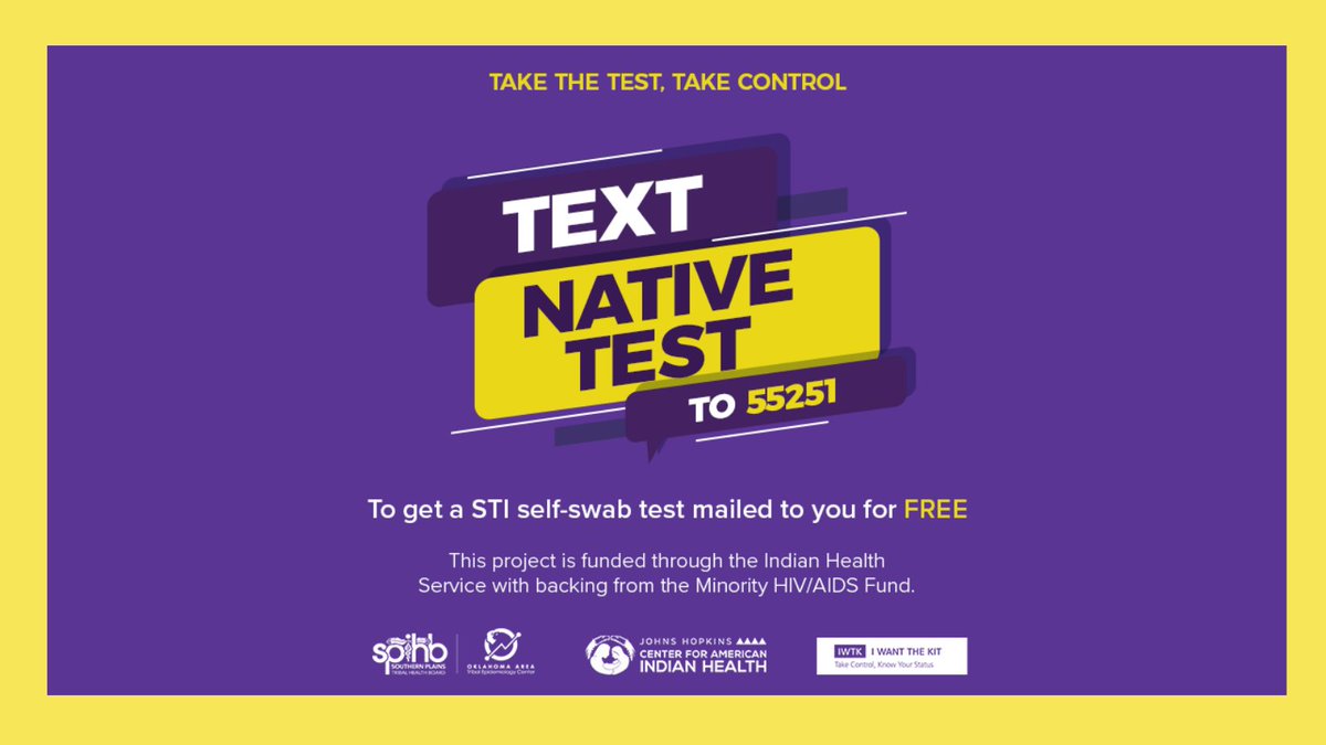 JHUCIH's tweet photo. Don’t let an awkward situation keep you from getting tested. Oklahoma Natives, Text “Native Test” to 55251 to order a FREE confidential STI self-test kit right to your door. #NativesGetTested #STIselftest #HIVselftest #OklahomaNDN #IWTK #NativeTest https://t.co/cMUE9AvSSR