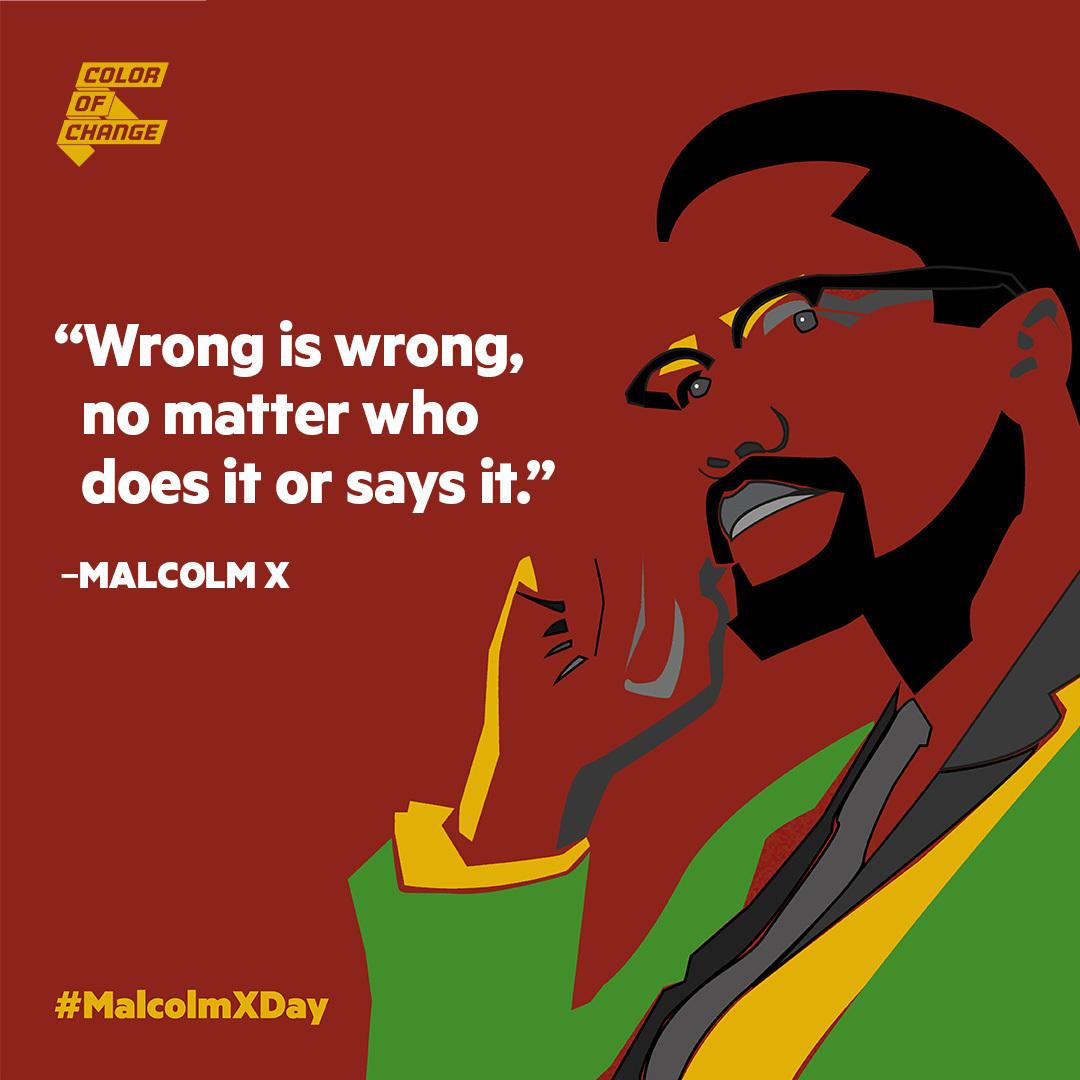 Illustration of Malcolm X with white text and red background. 