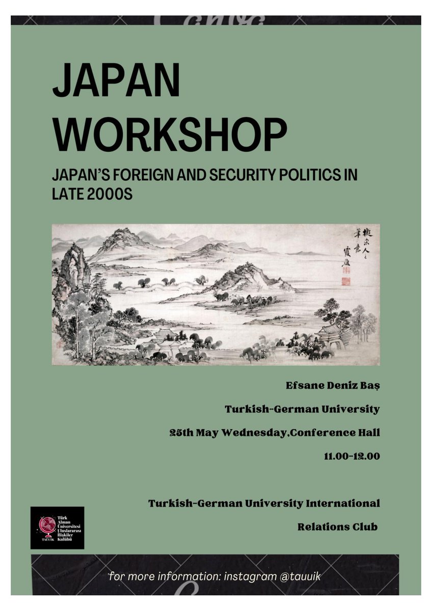 TAÜ Uluslararası İlişkiler Kulübü tarafından düzenlenen 'Japan Workshop' başlıklı Türkçe ve İngilizce dillerindeki etkinlik, 25 Mayıs Çarşamba günü 11.00-16.00 saatleri arasında YDYO Konferans Salonu'nda gerçekleştirilecektir.