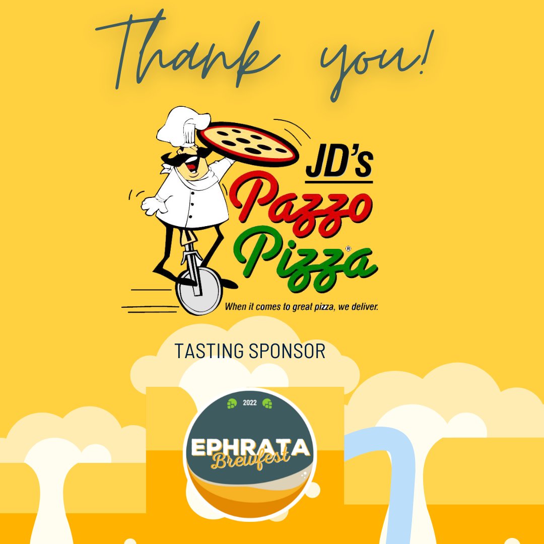 What goes great with beer??? PIZZA! That's why we're so happy JD's Pazzo Pizza is an Ephrata Brewfest sponsor!! Get tickets now - ephratabrewfest.com.