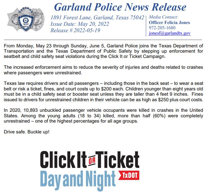 Garland Police PIO on Twitter "From Monday, May 23 through Sunday