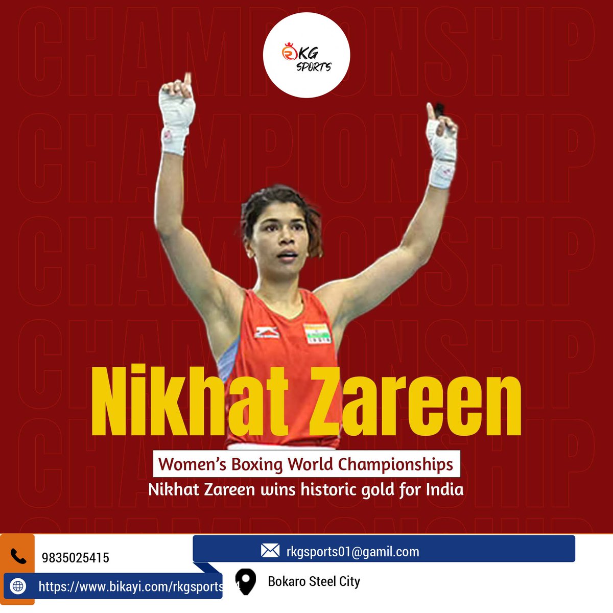 RKGSports01's tweet photo. Heartiest #congratulations to @nikhat_zareen from @RKGSports01
the New World Boxing Champion (52kg) 👑
All Indian's are very happy #IndiaInBoxing
@BFI_official
India is proud of you 🙂
#IABWW2022 #Boxing https://t.co/ZpxO3pFaEe