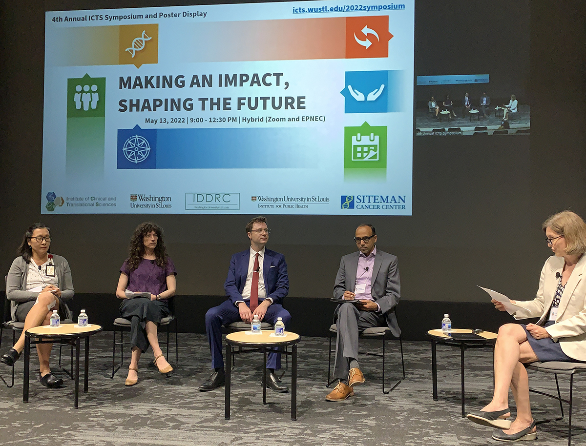 In recognition of #clinicaltrialsday2022, below is a photo from last week's #WUICTS Symposium with ICTS Associate Director Christina Gurnett, MD, PhD @gurnett_c moderating a panel of clinical trial experts. Read more about the symposium: icts.wustl.edu/icts-holds-4th…   #CTSAProgram