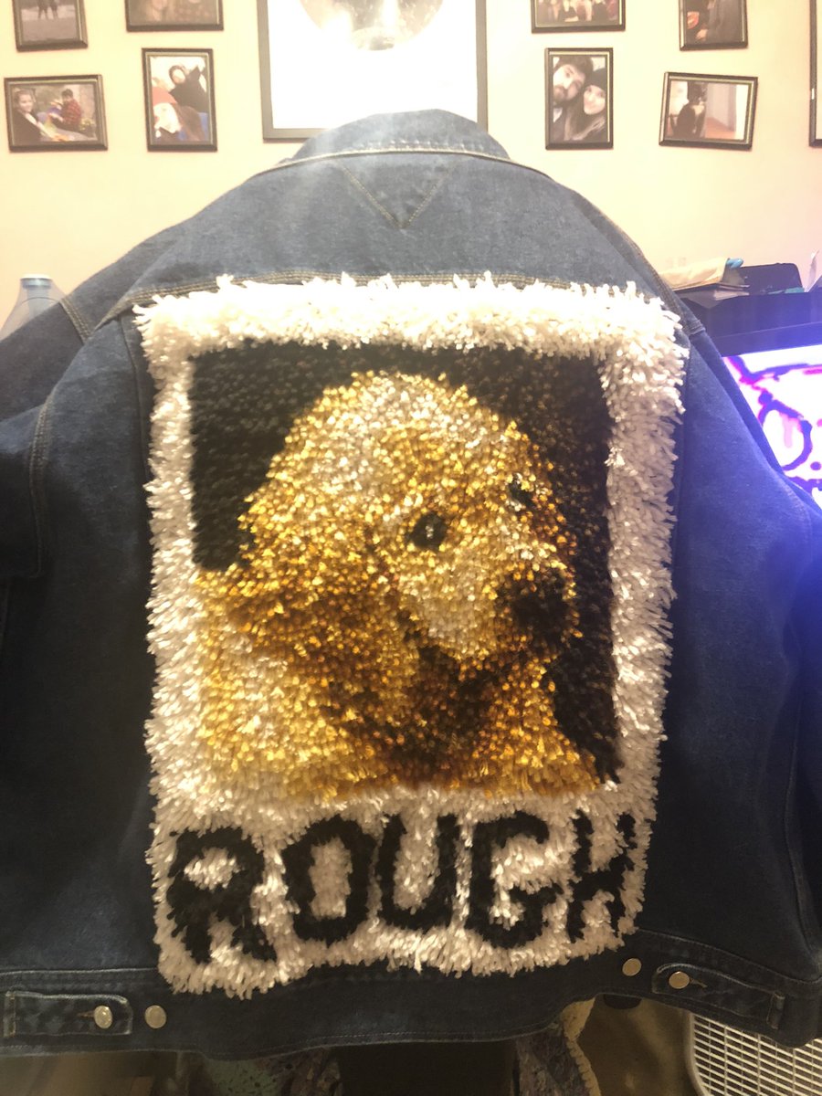 MadeByRye's tweet photo. Latch hook patch jacket!Very fun to make and I canโt wait to add more patches to it #latchhook #patchjacket #fiberart #yarn #handmade https://t.co/rs77hcv19i