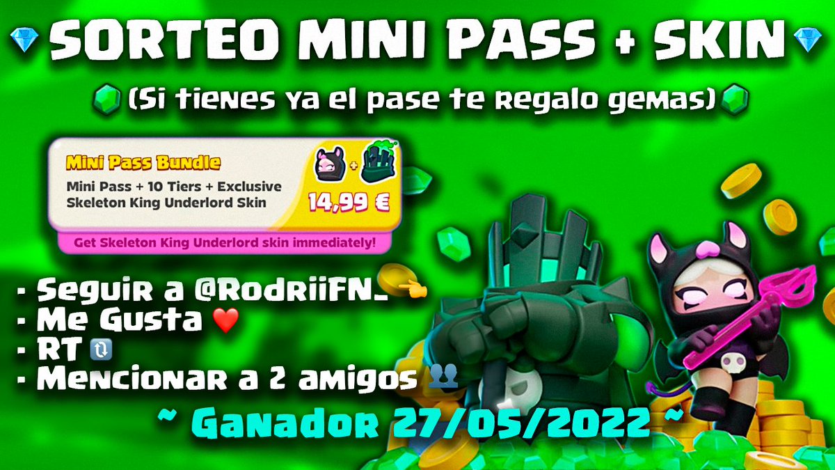 💎 #SORTEO MINI PASS (15€) 💎

- Seguir a <a href="/RodriiFN_/">Rodrii</a> 👈🏻
- Me Gusta ❤️
- RT 🔁
- Mencionar a 2 amigos (uno que SÍ me siga y otro que NO me siga aún) 👥 

~ Ganador 27/05/2022 ~ 🤍✨