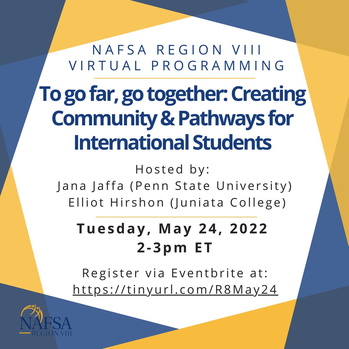 CORRECTED POST: Join Jana Jaffa from PSU and Elliot Hirshon from Juniata College on Tuesday, May 24th @ 2-3pm ET for a Region VIII virtual programming event! Details and registration here: lnkd.in/gVgsEbfE