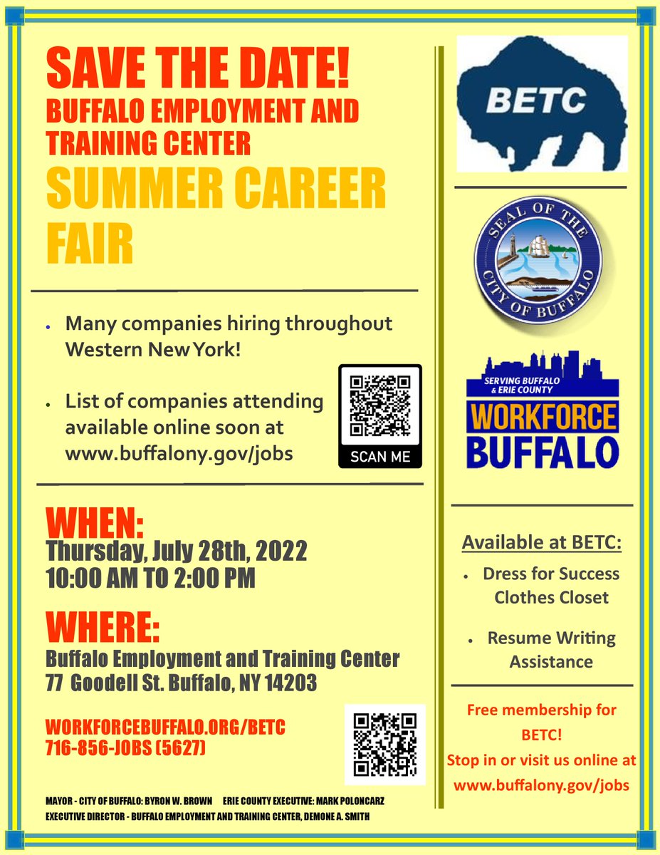 betc716's tweet photo. We would like to invite you to join Buffalo Employment and Training Center’s 21 Year Anniversary, as well as our Summer Career Fair on Thursday, July 28th, 2022 from 10 AM to 2 PM. This event is Free&amp;Open to All! #careerfair
More info here: https://t.co/qLygJTbpTO https://t.co/yJk314isFY