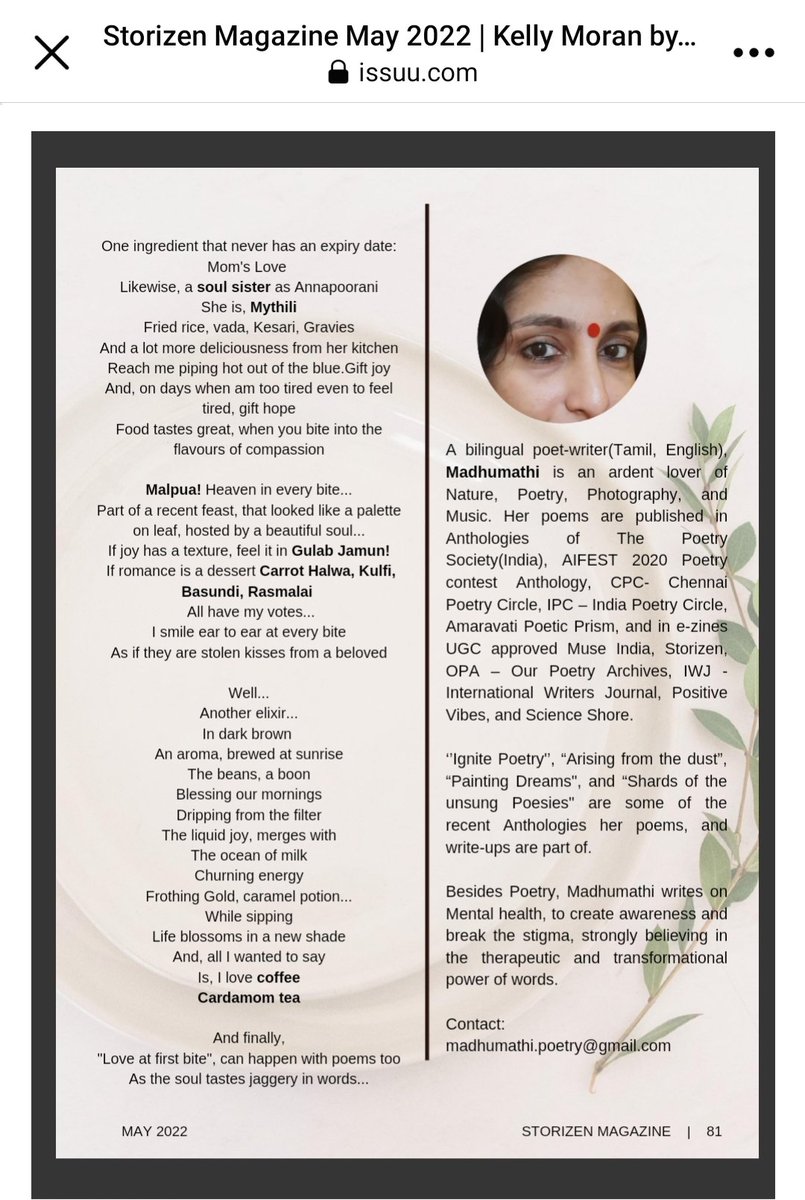 Madhumathi_Inks's tweet photo. https://t.co/PX3bhsCKQR
👆🏾
Elated to be part of the 50th issue of @storizenmag writing for a delightful theme. "Love at first bite". ♥️ 
#books #storizenmagazine #MadhumathiPoetry #WritingCommunity #issuu #FoodLove #Memories #IndianEnglishPoetry #Poetry #poetrylovers #issuuloves https://t.co/u5OQuImgpk