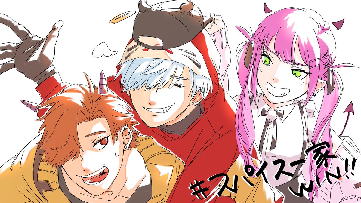 tokoyami towa multiple boys 2boys 1girl hair over one eye twintails green eyes pink hair  illustration images