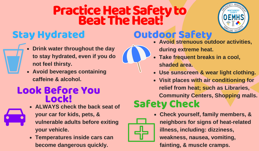 MontgomeryCoMD's tweet photo. #BeatTheHeat ☀️ Extreme heat affects the body's ability to regulate temperature, which can create dangerous conditions if safety measures are not taken. 

🌡️ Make sure to check on elderly friends, relatives, and neighbors! ℹ️➡️ https://t.co/NxFl9QBoDJ @ReadyMontgomery https://t.co/OGHO3aeDHN