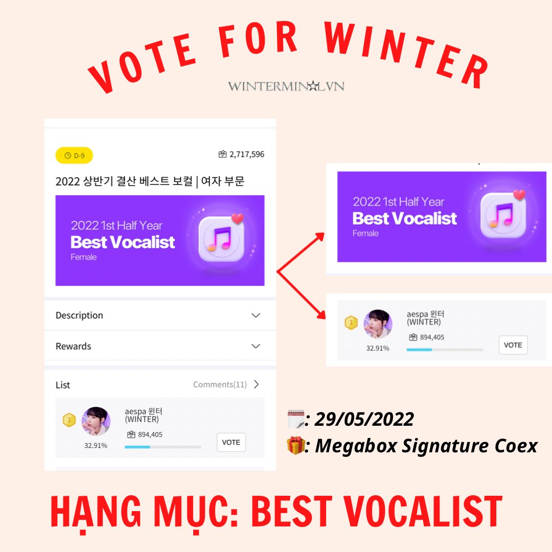 winterminalvn's tweet photo. 💥 VOTE CHO #WNTER TRÊN FANTOO
Winter được đề cử cho hạng mục “Best vocalist” trên Fantoo.
🗓 Thời hạn: 29/05/2022
🏆 Giải thưởng: Megabox Signature Coex (Top 1) hoặc Seoul Marina Signboard (Top 3 https://t.co/ihOjJMJmsB