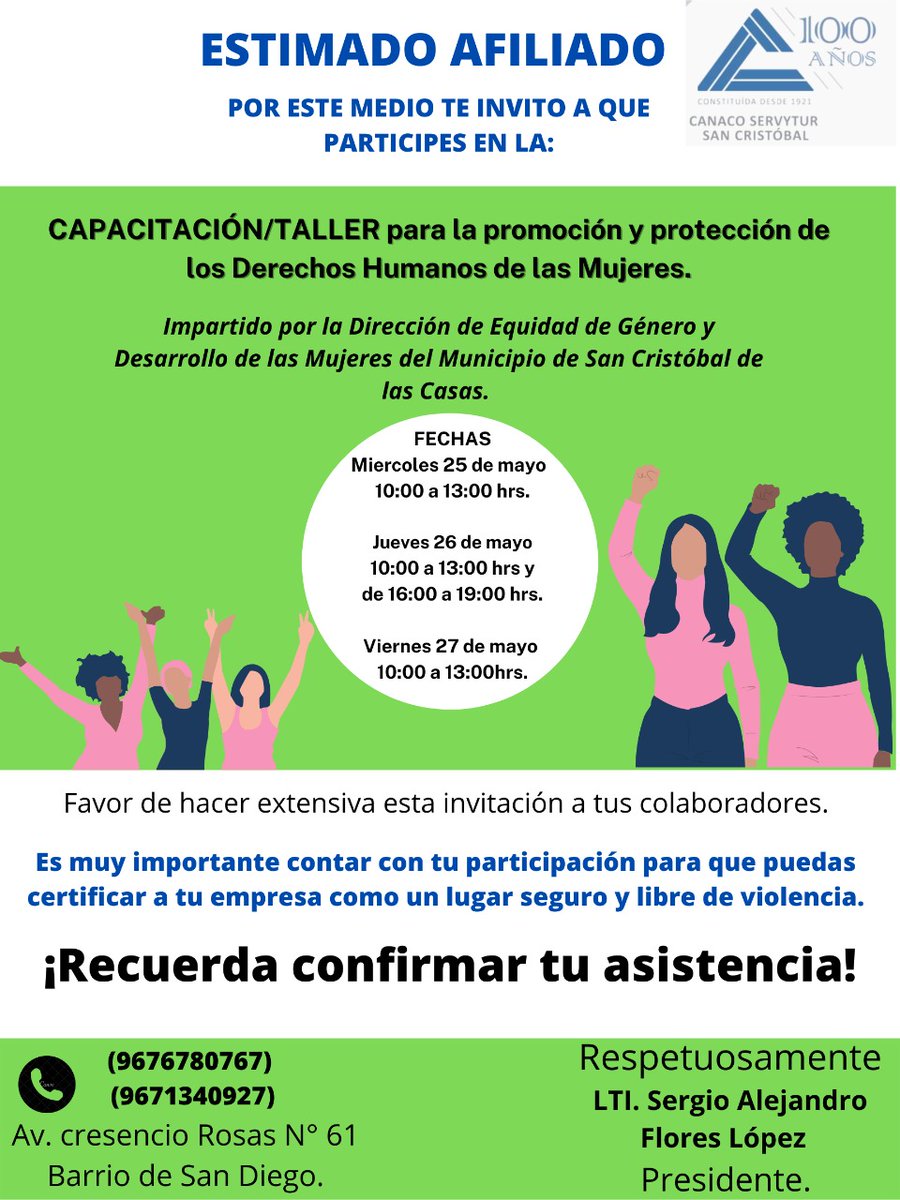 Invitación *Capacitación / Taller*

📌Miércoles 25 de mayo
10:00 a 13:00 hrs

📌 Jueves 26 de mayo *2 horarios*
10:00 a 13:00 hrs
16:00 a 19:00 hrs

📌 Viernes 27 de mayo
10:00 a 13:00 hrs

Salón CANACO

*CONFIRMA TU ASISTENCIA* 👆

*Curso para empresas y sus colaboradores *