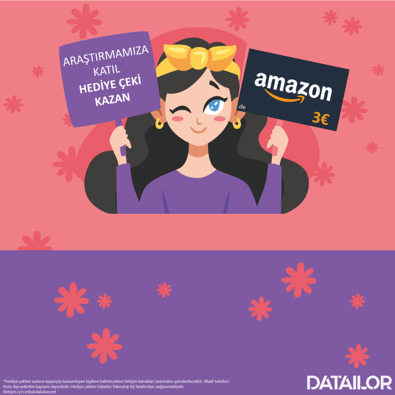DatailorTech's tweet photo. 3 Euro'luk Amazon Hediye Çeki ister misin? 

Kadın katılımcılarımızın alışveriş tercihlerini anlamak için hazırladığımız anketimize katıl hediye 3 EUR'luk çekini kazan. Anketimiz sadece Almanya'da ikamet eden türk kadınlarına yöneliktir. Yaklaşık 10 dk.