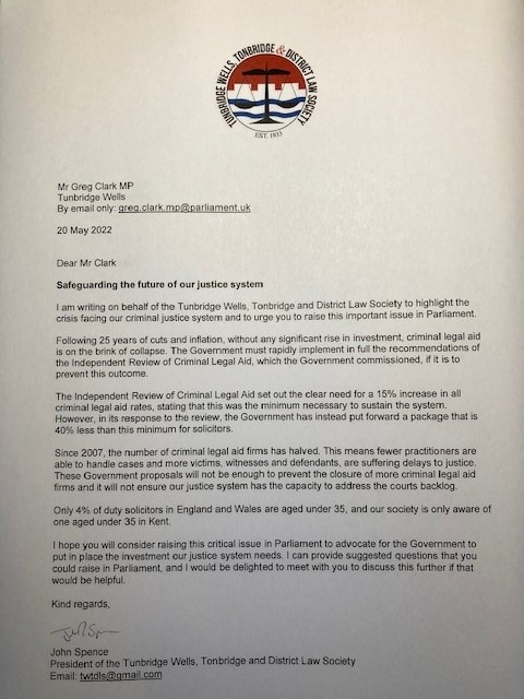 @LawTwells has today sent letters to @GregClarkMP & @TomTugendhat urging them to lobby @MoJGovUK to put the urgently needed investment into Criminal Legal Aid or risk damage to the criminal justice system @TheLawSociety #CriminalLegalAid #TunbridgeWells #Tonbridge #KentSolicitors