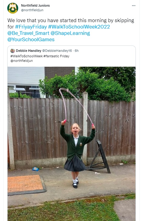 Be_Travel_Smart's tweet photo. It's #FriyayFriday @northfieldjun and they are celebrating the end of a fantastic #ActiveTravel week of walking and wheeling to school with a hop, skip and a jump!
Amazing photos
🛴🚲👨🦽👟👞💚 https://t.co/Hq2f821Z3V