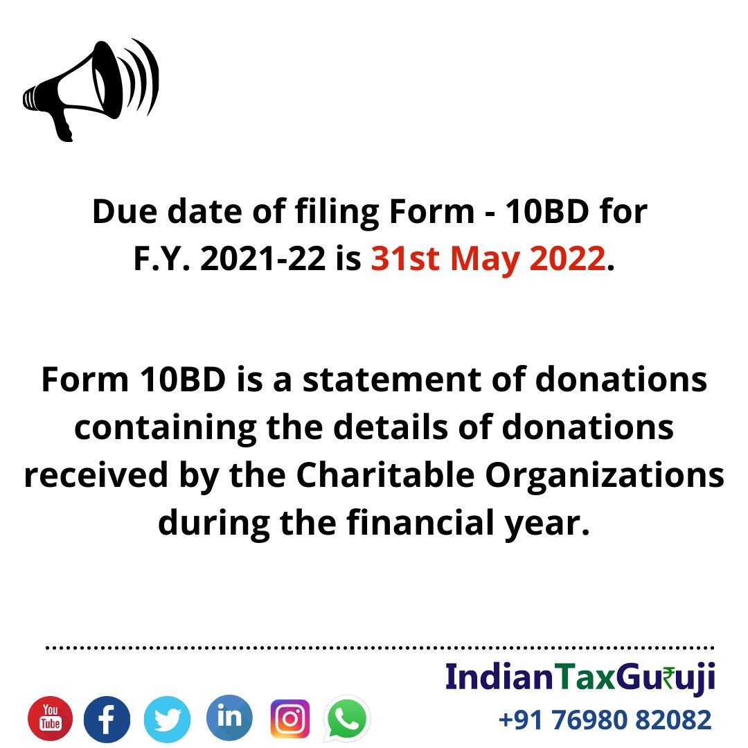 indiantaxguruji's tweet photo. Due date reminder for Income Tax
#Reminder #Incometax #FORM10BD https://t.co/9qh2YSXgFP