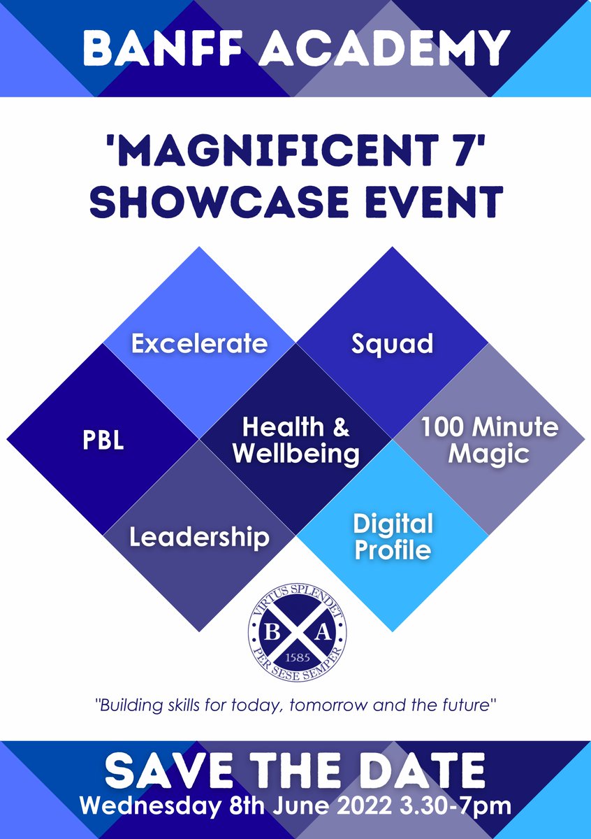🌟 Coming Soon 🌟

Really excited to host our forthcoming Banff Academy ‘Magnificent 7’ Showcase on 8 June 2022.

If you would like to attend, please contact gillian.mccoll@aberdeenshire.gov.uk no later than 27 May 2022.