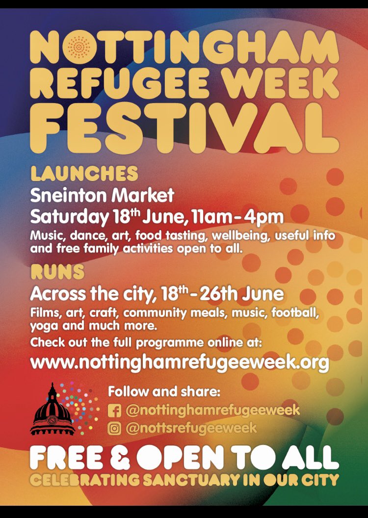 Nottingham Refugee Week
18 - 26 June
#Free

Join us @SneintonMarket on Sat 18th 11-4pm for music, food, dance &amp; arts