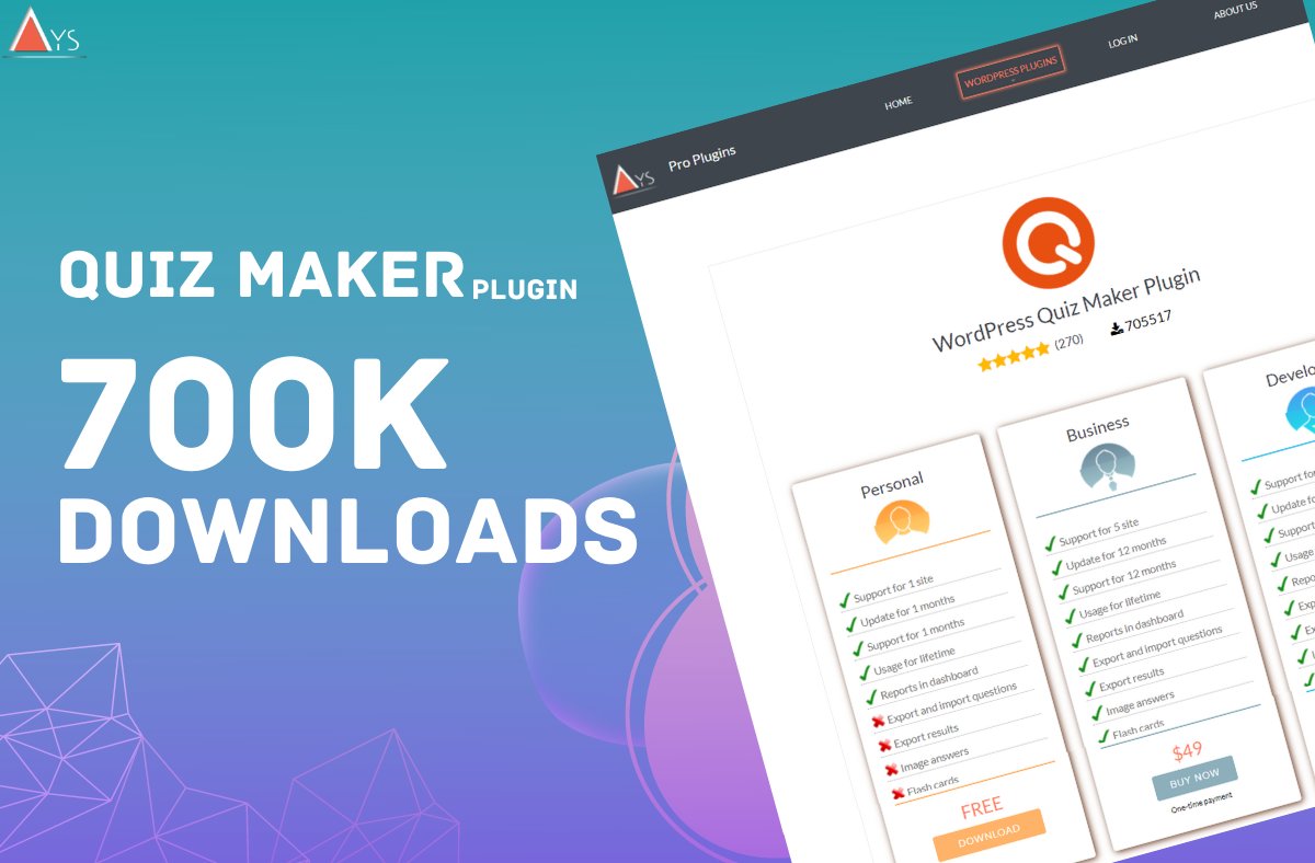 AysProPlugins's tweet image. Our WordPress - Quiz Maker plugin has already 700K downloads 🥳
Thank you so much for your trust 💙

➡ Here is the plugin&apos;s link: ays-pro.com/wordpress/quiz…
▪ Quiz Maker plugin allows you to create powerful and engaging quizzes, tests, exams within minutes.

#ayspro #wordpress