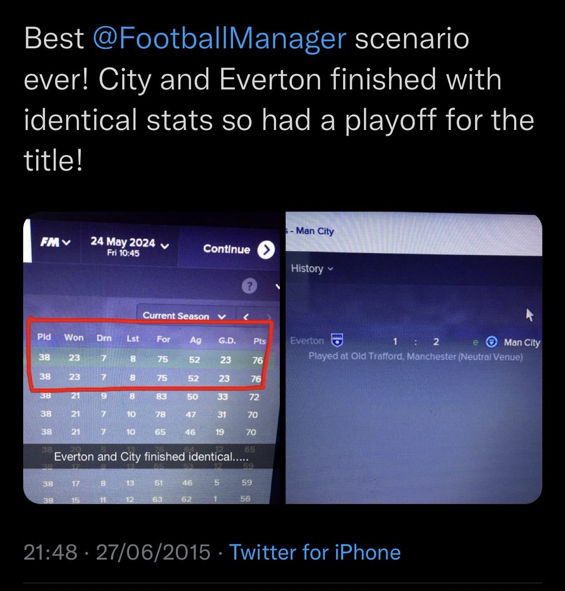 JonnyMc93's tweet photo. @FootballManager Way back in 2015, prem went to a playoff game between Everton and City at a ‘neutral’ venue… https://t.co/SjuSzsI7Ot