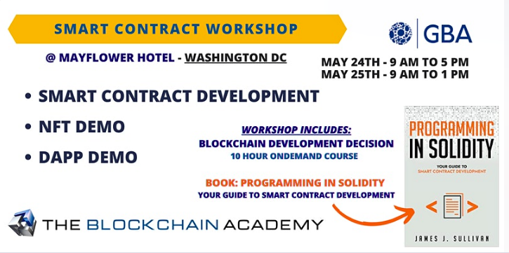 BlockchainAcade's tweet photo. Have you signed up for the upcoming SMART CONTRACT SOLIDITY WORKSHOP? You won't want to miss this event LIVE in #WashingtonDC 🚀

Only 3 day left to register ⏰  👉  https://t.co/AVxW7UbOqc 

#nft #blockchainevent #smartcontract #workshop #programmingworkshop https://t.co/aCb9vDBzUg