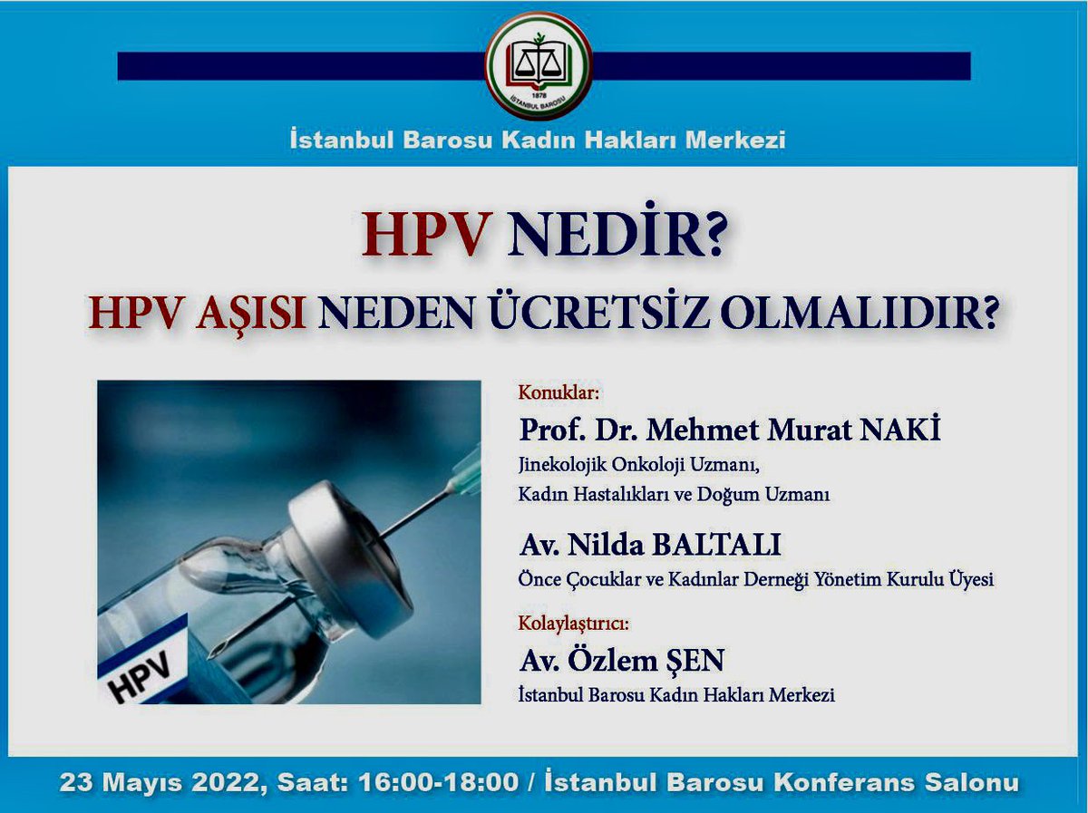 HPV Nedir? HPV Aşısı Neden Ücretsiz Olmalıdır? #istanbulbarosu #kadınhaklarımerkezi @istbarosu @istbarosuKHM @istbarosuihm #HPV #HPVAŞISI 
istanbulbarosu.org.tr/HaberDetay.asp…?