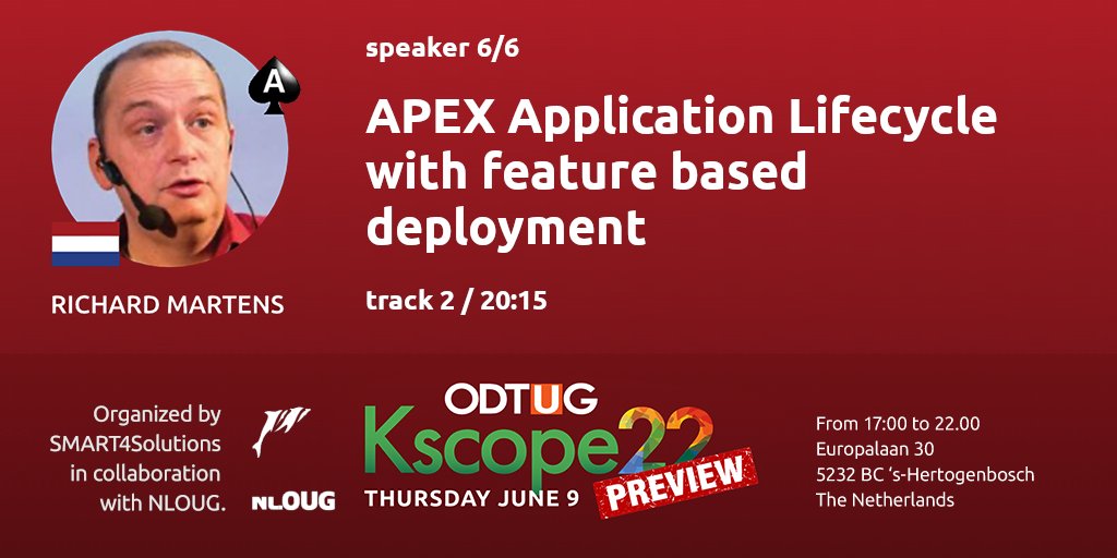 Don’t miss our ODTUG 2022 Preview with @nl_oug on June 9th, with <a href="/rhjmartens/">rhjmartens</a> talking about APEX feature based deployment. Free to attend bit.ly/kscope22preview also attending: <a href="/dgielis/">Dimitri Gielis</a> <a href="/alexnuijten/">Alex Nuijten</a> <a href="/kibeha/">Kim Berg Hansen {Inactive}</a> <a href="/MNEMONIC01/">Michel</a> <a href="/evrocs_nl/">Erik van Roon</a> <a href="/RoelH/">Roel 😎</a> <a href="/odtug/">Oracle Developer & Technology User Group (ODTUG)</a> #kscope2022 #orclapex #oracleace