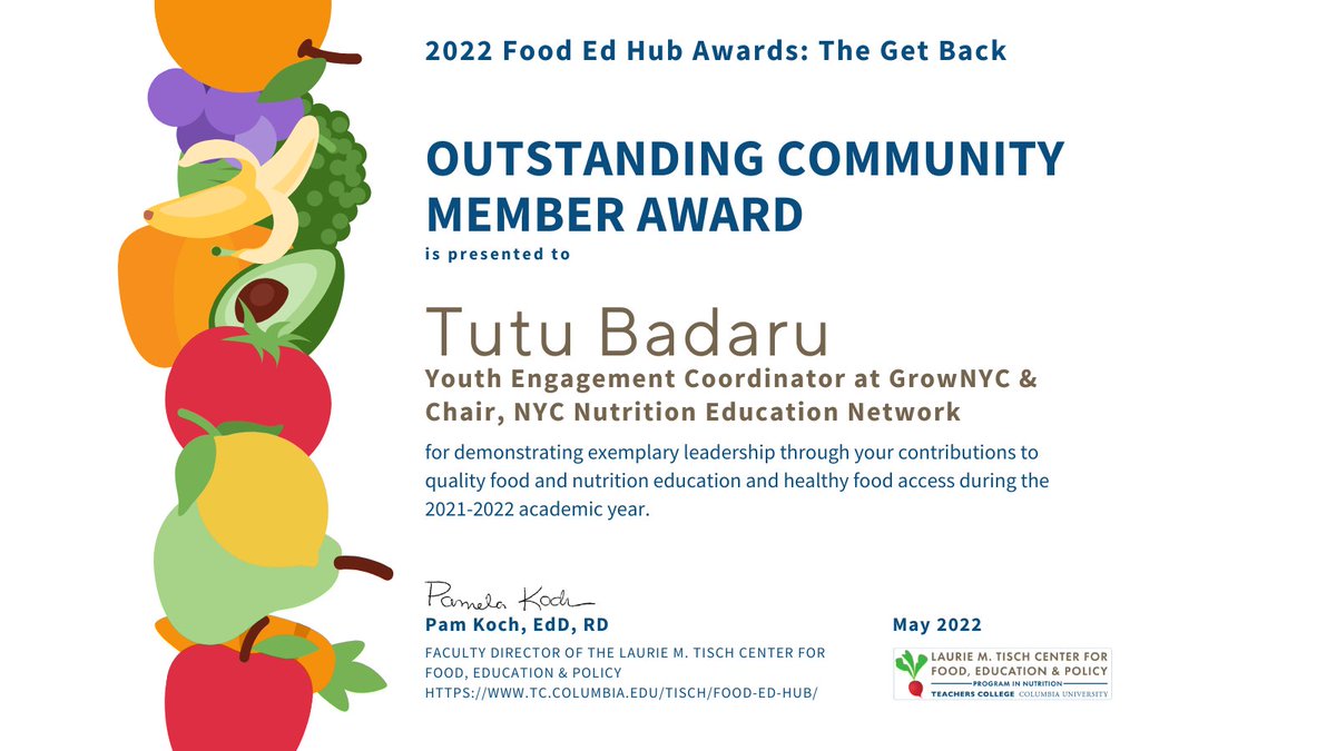 tischfoodcenter's tweet photo. Congratulations to Tutu Badaru for winning the Outstanding Community Member Award at the 2022 Food Ed Awards! Tutu is the Youth Engagement Coordinator at @GrowNYC &amp; serves as the Chair of the Steering &amp; Envisioning Committee for @NYCNEN. #FoodEdHub #FoodEdAwards https://t.co/ScQ4Jrrocx