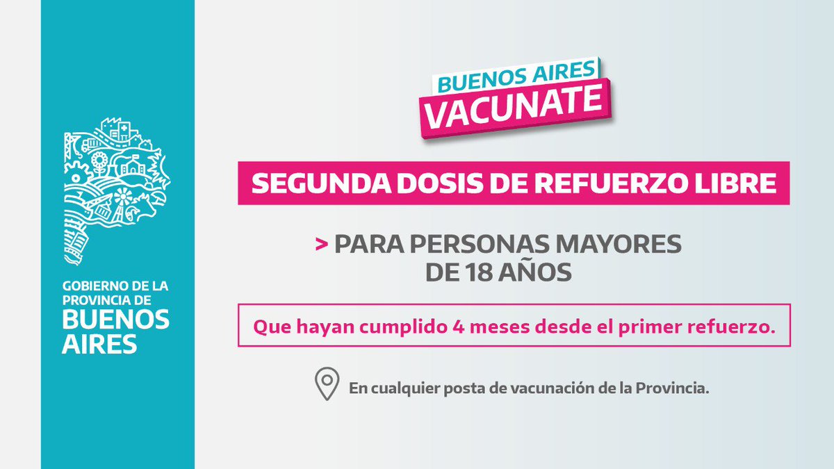 A partir de mañana, las personas mayores de 18 años pueden acceder a la segunda dosis de refuerzo libre 💉

✅ ¡Tienen que haber cumplido cuatro meses desde el primer refuerzo!

Buscá tu centro de vacunación más cercano 👇 
vacunatepba.gba.gob.ar