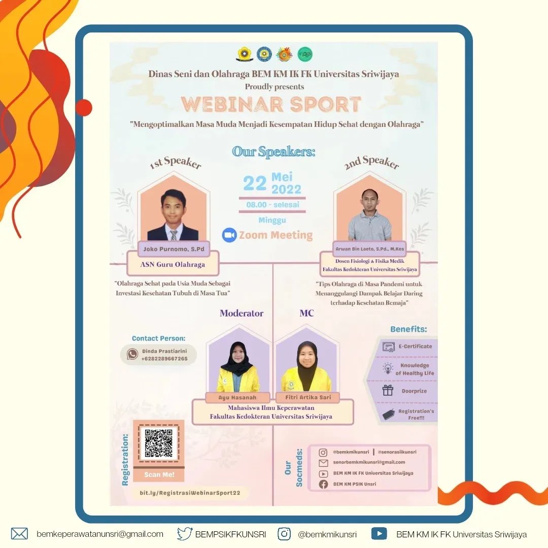 [WEBINAR SPORT]
Hello, Generasi Sehat!🙌🏻 

Daftarkan diri kalian dan hadiri Webinar Sport ini melalui link : 
bit.ly/RegistrasiWebi… 

YUK, jangan sampai ketinggalan! 🙌🏻
__
Dinas Seni dan Olahraga
BEM KM IK FK Unsri 2022
#SeniorMantap
#KabinetVarsena
#SatuMimpiSatuTujuan