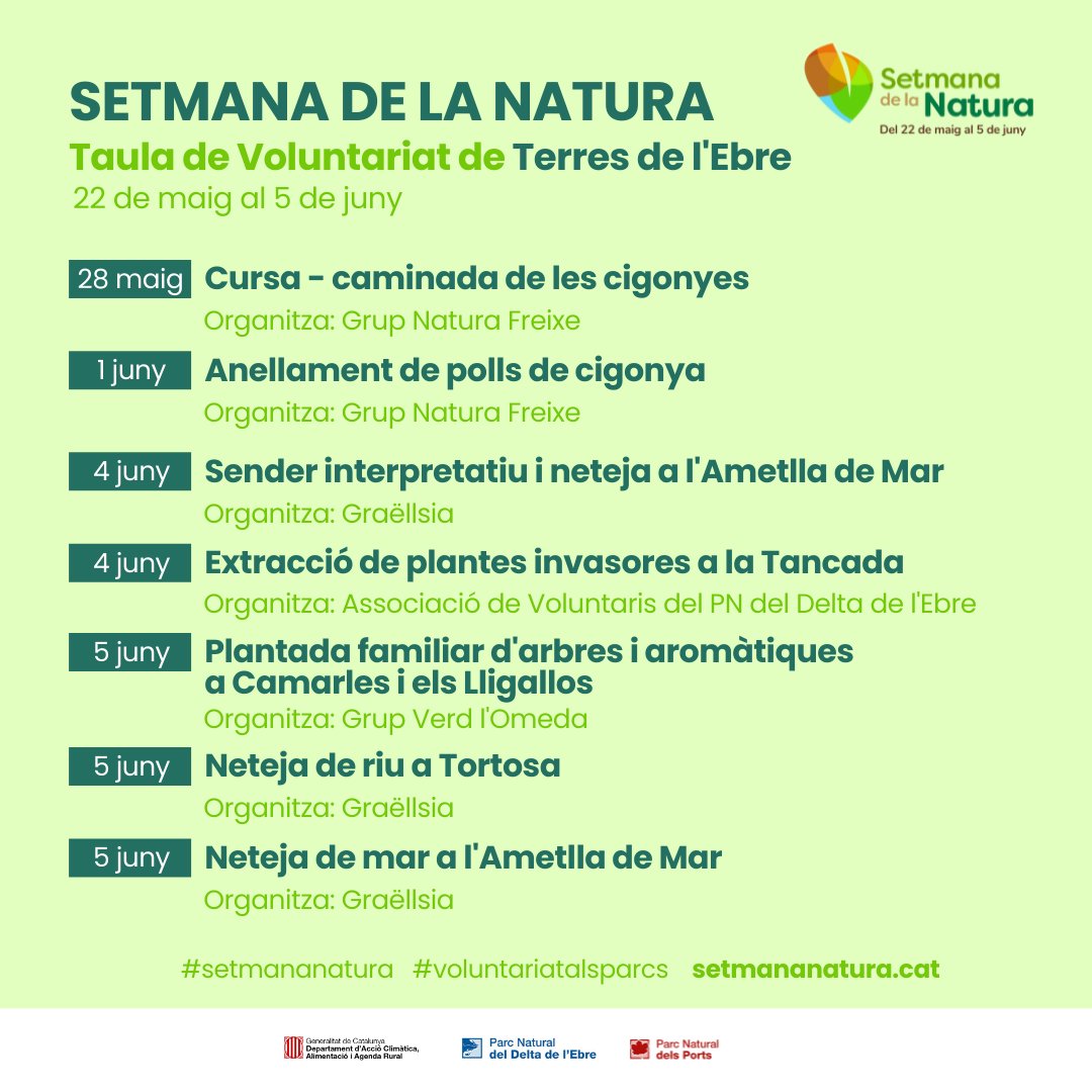 Teniu ganes de ser voluntaris ambientals? Voleu saber quines activitats es faran durant la #setmanadelanatura2022 ? Les Taules de les terres de l'Ebre i les de l'Empordà ens hem unit per fer-vos-ho més fàcil.
#SetmanaNatura #VoluntariatAlsParcs #NomésUnPlaneta #OnlyOneEarth