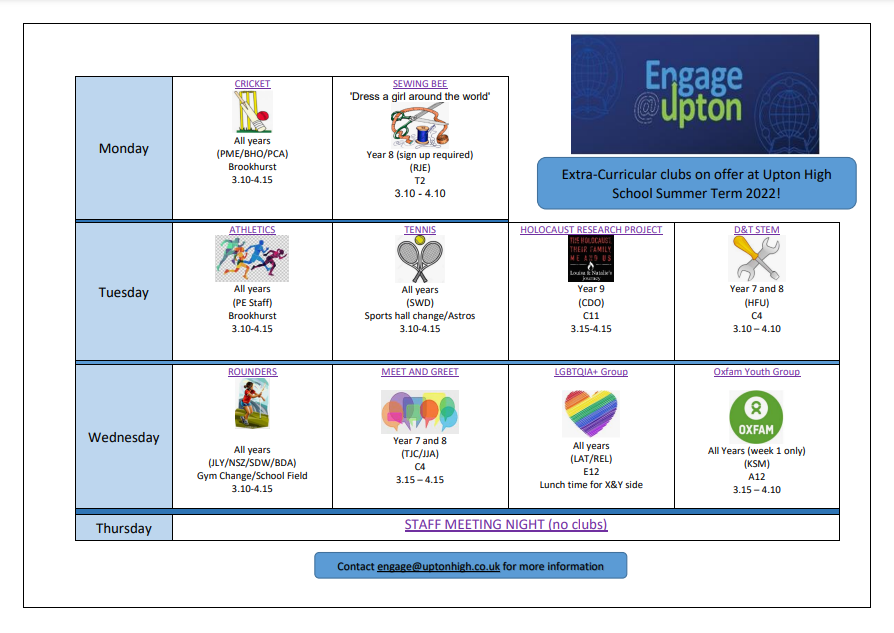 uptonengage's tweet photo. Here is the current summer term Engage@Upton timetable!! #getinvolved #trysomethingnew https://t.co/AkJhTpm1S6