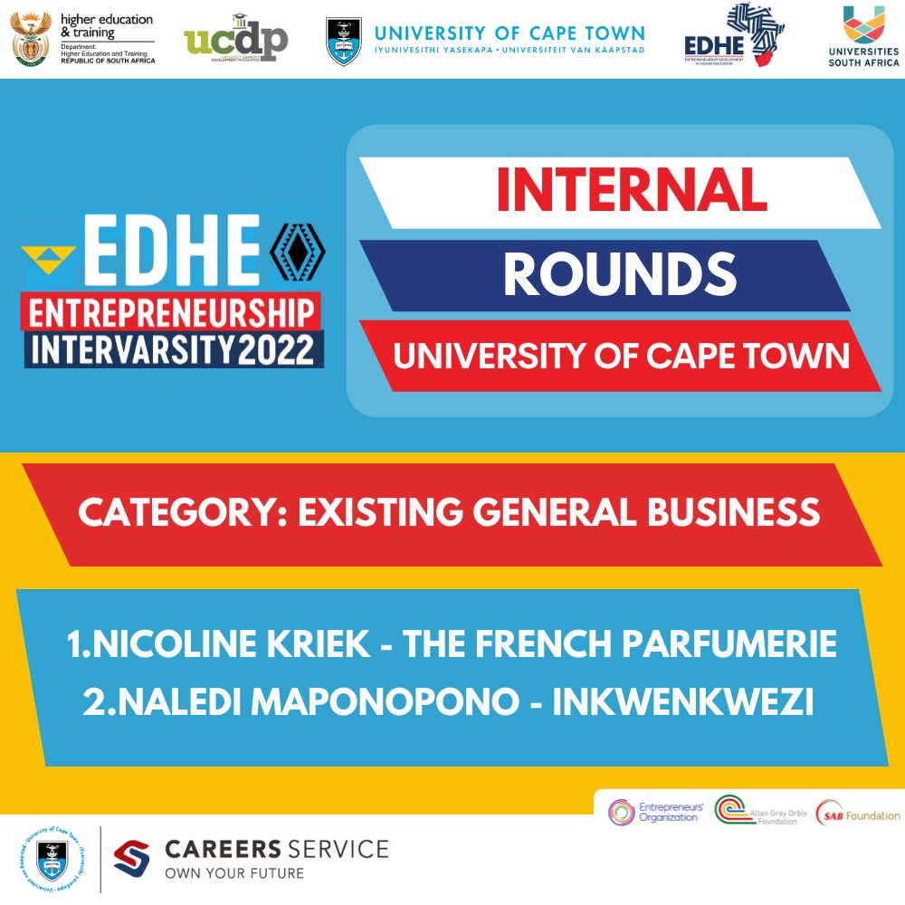 UCTCareers's tweet photo. A BIG CONGRATULATIONS to the winners of the @UCT_news Internal Rounds! All 8 winners will be advancing to the @EDHEStudents Entrepreneurship Intervarsity Regional Rounds! π #MoveToMarket https://t.co/X4fpUnA4vm