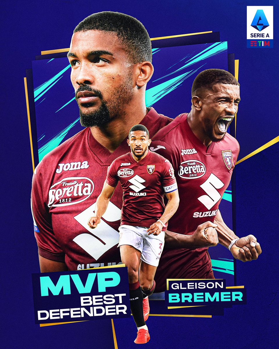SerieA's tweet photo. 🧱 Un muro invalicabile, con il 3️⃣ sulle spalle e la maglia granata addosso.

Il Miglior Difensore di questa #SerieATIM💎 è #Bremer!

@TorinoFC_1906 #WeAreCalcio https://t.co/Wy3NEjn8DP