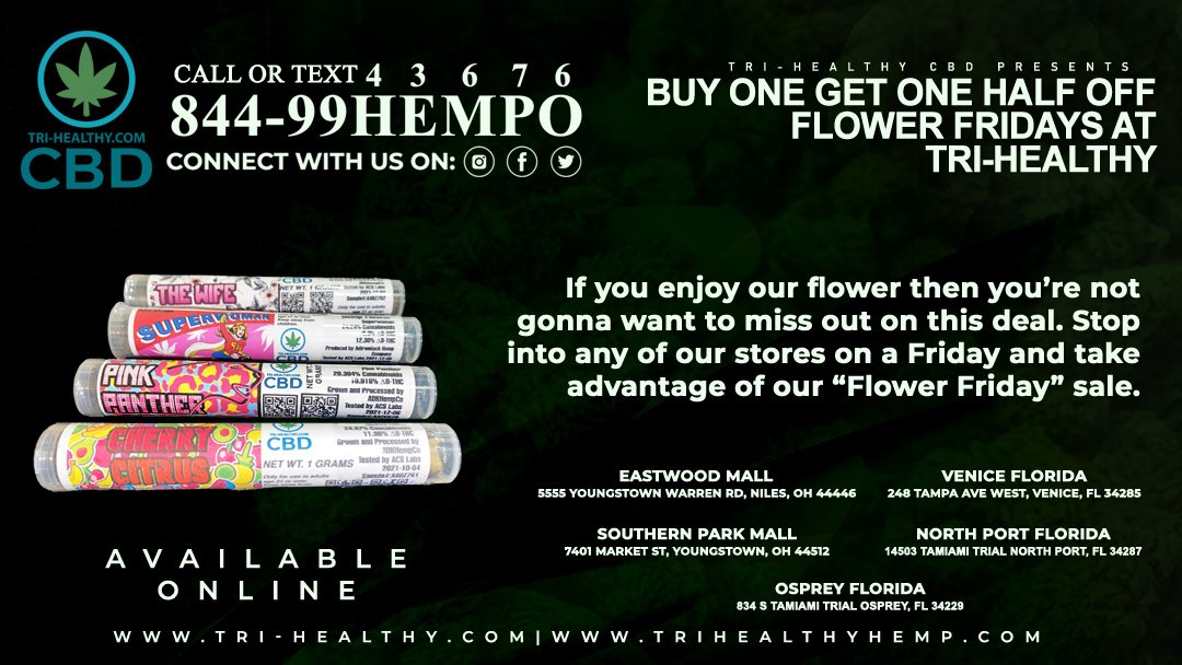 trihealthcbd's tweet photo. Visit us on Flower Friday for buy one get one 50% off! https://t.co/cscqb07WQp #Flower #CBDFlower #THCFlower #Delta8Flower #CherryCitrus #PinkPanther #Superwoman #TheWife #FlowerFriday #TriHealthyCBD https://t.co/pJa1MQAYC2