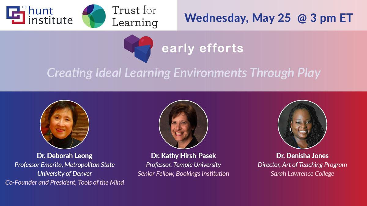 On 5/25, The <a href="/HuntEarlyEd/">The Hunt Institute - Early Childhood</a> &amp; <a href="/trustfrlearning/">Trust for Learning</a> will host a conversation on Creating Ideal Learning Environments Through Play with Dr. Deborah Leong <a href="/Mind_Tools/">Mindtools</a> <a href="/KathyandRo1/">KathyandRo</a> <a href="/BrookingsInst/">The Brookings Institution</a> <a href="/TempleUniv/">Temple University</a> &amp; @denisha_jones <a href="/SarahLawrence/">Sarah Lawrence</a> Register here: ow.ly/n8lc50IUAlX