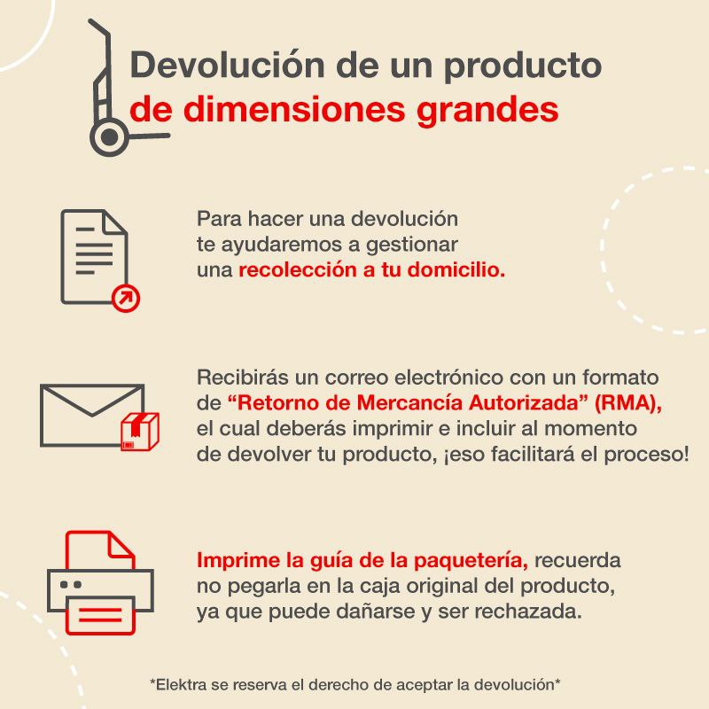 ¿Siempre ya no lo vas a necesitar? No te preocupes, te entendemos. Checa estos pasos para realizar tu devolución:
*Consulta tiempos de devolución dependiendo del tipo de compra en: elektra.mx/devoluciones