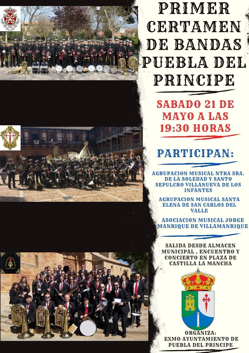 👉Por la previsión de altas temperaturas, se retrasa la actuación de mañana:

20,30h Pasacalles
21,00h Concierto en la plaza de Castilla la Mancha