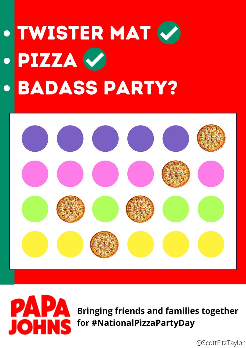 ScottFitzTaylor's tweet photo. Brief of the Day: Create posters to celebrate #NationalPizzaPartyDay with @PapaJohnsUK &amp; bring to life the perfect #PJPizzaParty.

You know you're at a banging party when someone whips out the twister mat and orders pizza... @OneMinuteBriefs https://t.co/EitoPz0wcF
