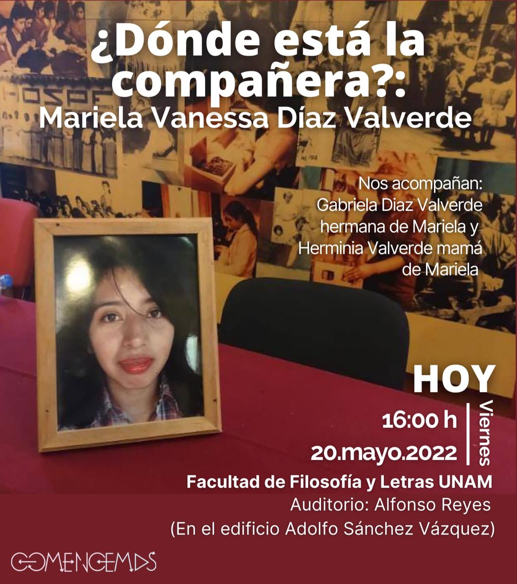 ComencemosMC's tweet photo. "¿Donde está la compañera?: Mariela Vanessa Díaz Valverde."

Hoy, 20 de mayo en el Anexo de la #Facultad_de_Filosofía_y_Letras en el Auditorio Adolfo Reyes (edificio Adolfo Sánchez Vázquez) a las 16:00 h. 

#ComencemosInformando
#UNAM #DóndeEstáLaCompañera? https://t.co/yDzKJwQsKq