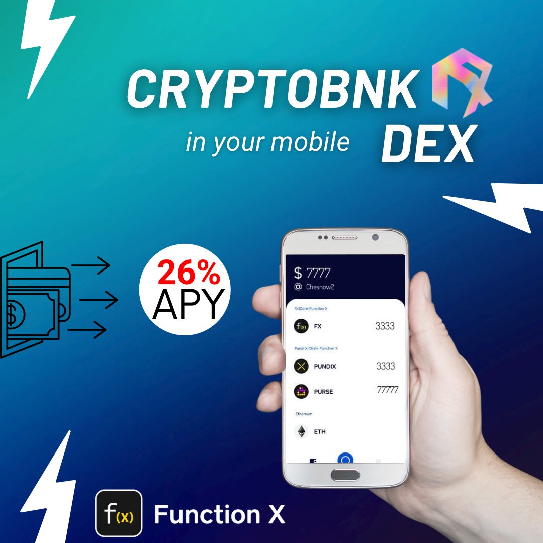 Chesnow2's tweet photo. Everything is simple!
Now a smart bank is in your pocket! In your smartphone.
#CryptoBnk in #FXwallet by @FUNCTIONX_IO
It's simple, reliable and safe! And also profitable! Delegate your $FX and get up to 26% APY!
Keep #crypto, #NFTs in a secure #DEX wallet!
#Pundix #purse #BTC https://t.co/GtXbv2nFHE