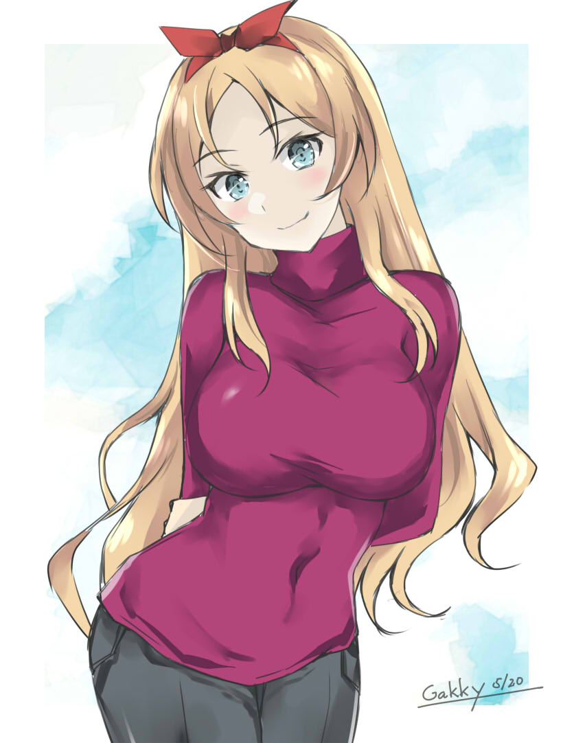 nelson (kancolle) 1girl solo one-hour drawing challenge blonde hair long hair pants breasts  illustration images