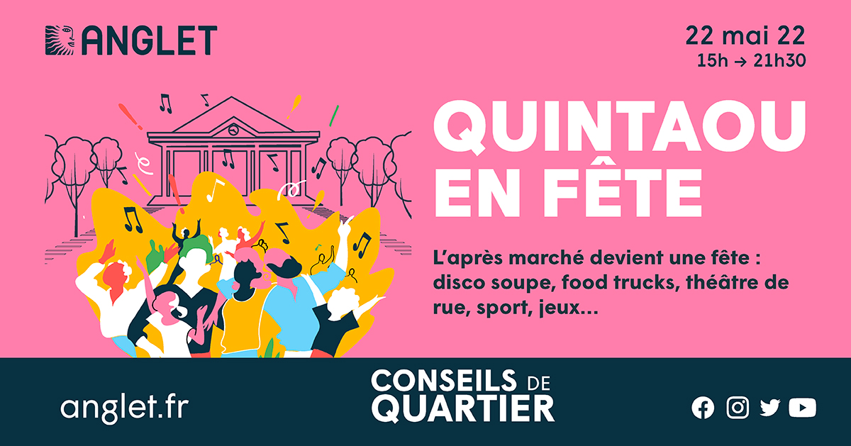 VilleAnglet's tweet photo. 🪩Quintaou en Fête #Anglet
😋Dim.22 mai, de 15h à 21h30
🪃Jeux en bois🎱quilles🎳concerts🥁danse basque💃restauration😋#DiscoSoupe 🪩 #FoodTruck...des animations gratuites pour tous😉On profite
#villeanglet https://t.co/Cej8r52SBf