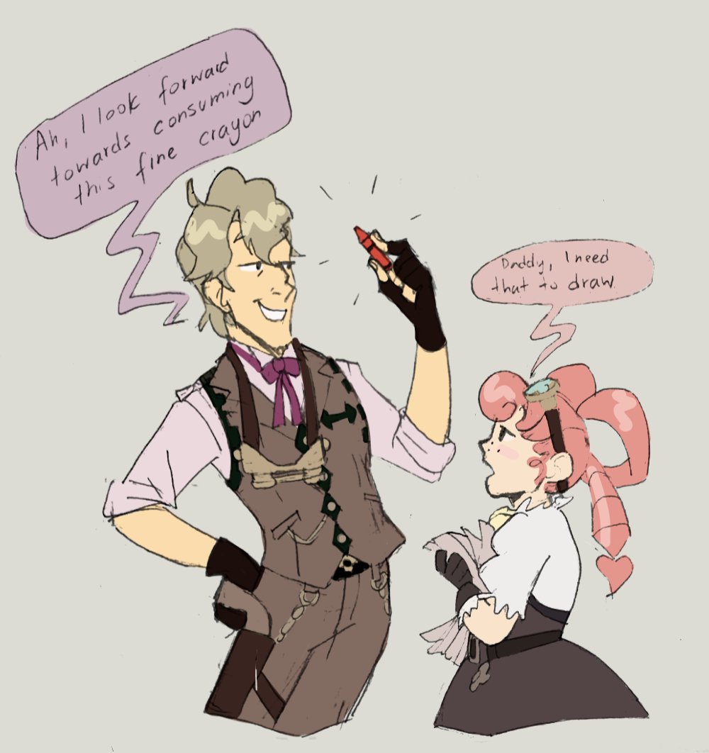 ID: digitally colored in art piece with traditionally drawn lineart. It shows Herlock Sholmes and Iris Wilson. Herlock is shown to hold a red crayon with his left hand, his other hand is on his hip. He's looking at the crayon with a wide smile. The light purple speech bubble next to him reads "Ah yes, I look forward to consume this fine crayon". Next to him, Iris is holding a stack of papers in her arms. She has an unimpressed expression on her face. The light pink speech bubble above her head reads "Daddy, I need that to draw". The background color of the artwork is a light grey. End ID.