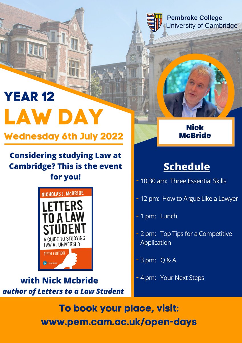 📢Calling prospective Cambridge Law applicants in Year 12 (S5 Scotland, Year 13 N. Ireland)!

Pembroke College is hosting a Law Open Day on Wednesday 6th July 👋

If you're considering applying for Law at Cambridge then this is the event for you! 🌟