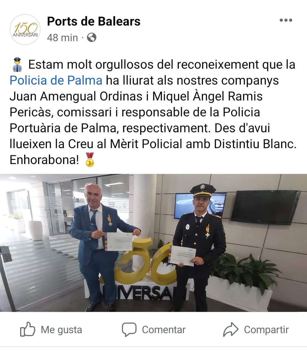 PoliciAPB_SPPLB's tweet image. Enhorabuena 🎉 a los compañeros de @policiadepalma 👮‍♂️ en su diada 👏

Expresar también nuestro agradecimiento por las condecoraciones otorgadas al Sr Comisario de la APB y el Sr Responsable de la #PolicíaPortuaria de #Palma 🙏 

@ajuntpalma @jmadrover @hila