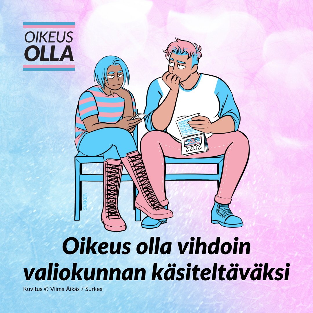 Pitkästä aikaa Oikeus olla -uutisia! Olemme tänään saaneet tietoomme, että Oikeus olla -kansalaisaloite aiotaan käsitellä sosiaali- ja terveysvaliokunnassa.

#OikeusOlla #TranslakiNyt 1/4