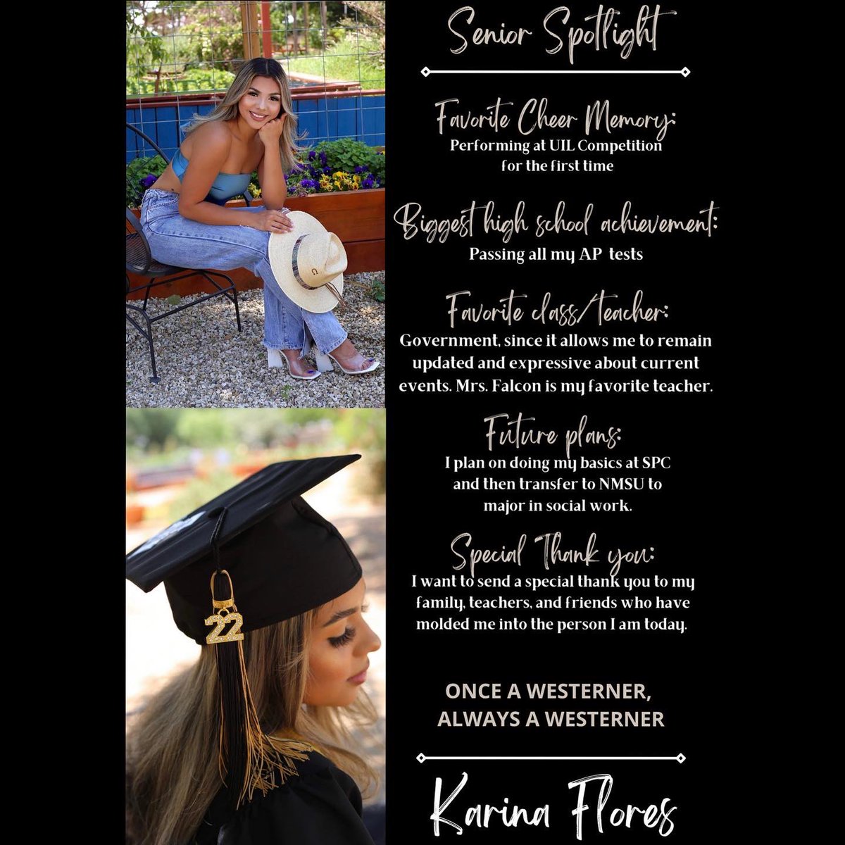 Senior spotlight Class of 2022! Karina Flores our Cheer Co-Captain, we will miss you! 🖤💛📣🎓 #lhscheer #varsitycheer #classof2022