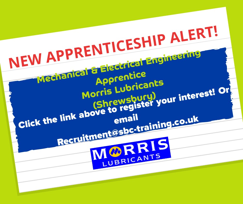NEW APPRENTICESHIP ALERT!

<a href="/Morrisoil/">Morris Lubricants</a> is now offering

•Mechanical &amp; Electrical Engineering Apprentice

Register your interest!
sbc-training.co.uk/contact-us/

Or apply here:
findapprenticeship.service.gov.uk/apprenticeship…

#ApplyNow #Apprenticeships #Apprenticeships #BeAnApprentice #Electrical #Shropshire