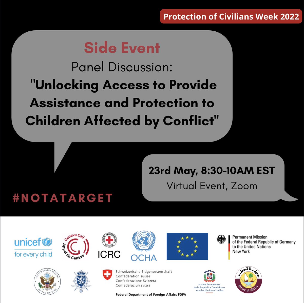 GermanyUN's tweet photo. Join us at the side event kicking off Protection of Civilians Week at the UN.
Access to and protection of children in focus.
Co-hosted by broad cross-regional group, UN agencies, civil society organizations.
 
📍: 23 May, 8:30 EST
⏰: virtual
Registration: https://t.co/84VQEtd2qe https://t.co/4PnjygZQbo
